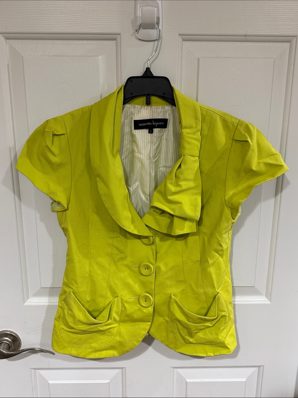 Nanette Lepore Sz 2 Lime Green Short-Sleeve Ruffle Blazer B38